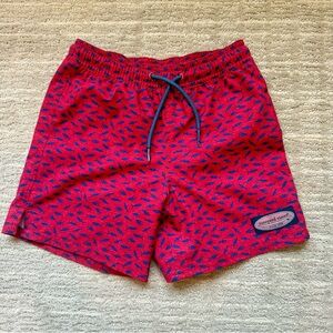 Vineyard Vines Boy’s Red Swim Shorts with Blue Fish